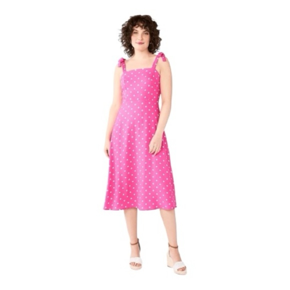 Draper James NWT Pink/White Polka Dot with Tie Bow Strap Midi Dress Size Small
